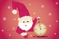 Festive card with fir tree, Christmas ornament illustration with Santa, snowflakes, clock Royalty Free Stock Photo